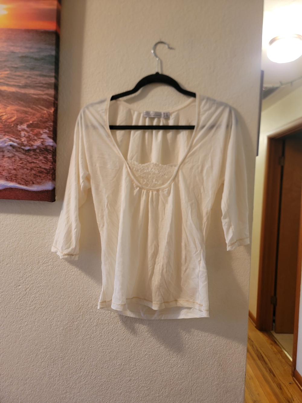 Zara Off-White Scoop Neck Top with Gold Stitching